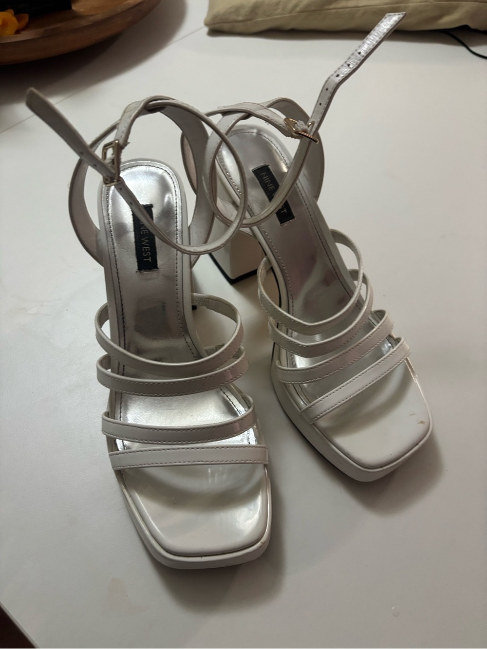 Nine West white Strappy Block Heel Sandals
